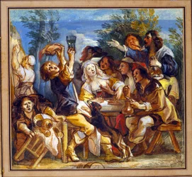 Una fiesta bebiendo fuera de una posada